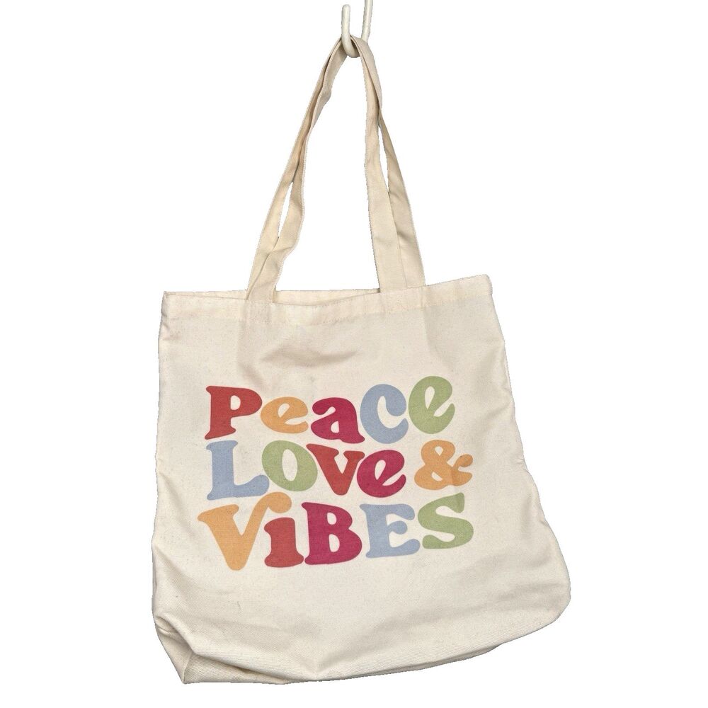 Peace Love & Vibes Worded Tote Bag Summer Fun Beach Handbag Boho Festival Hippie
